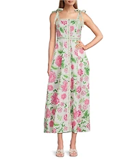Leslie Fay Bowtie Shoulder Strap Floral Print Button Front Midi Dress