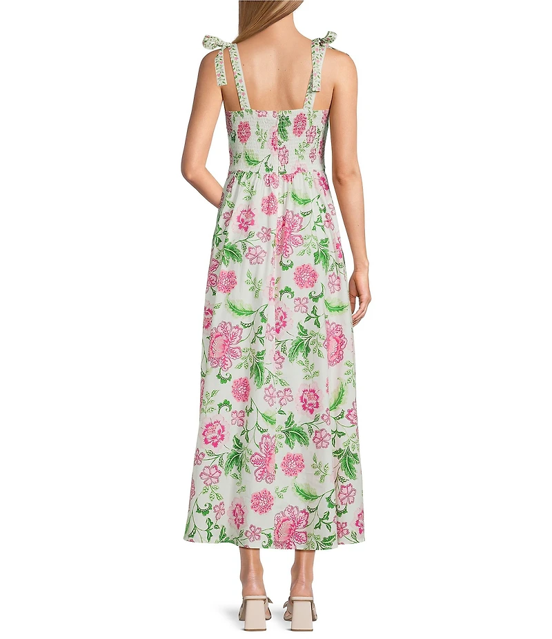 Leslie Fay Bowtie Shoulder Strap Floral Print Button Front Midi Dress