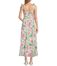 Leslie Fay Bowtie Shoulder Strap Floral Print Button Front Midi Dress