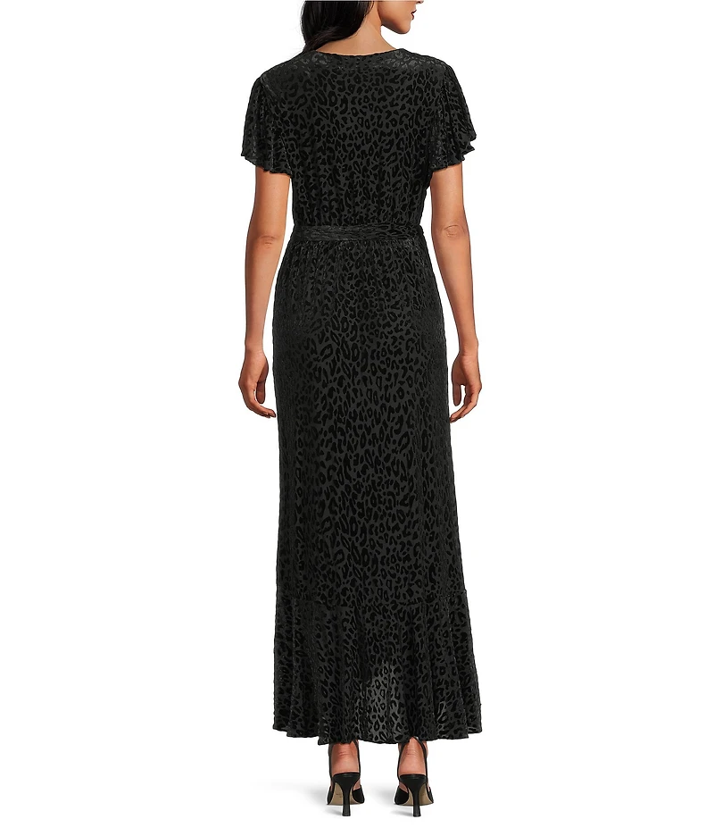 Leslie Fay Burnout Short Flutter Sleeve Ruffle Faux Wrap Dress