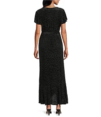 Leslie Fay Burnout Short Flutter Sleeve Ruffle Faux Wrap Dress