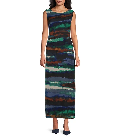 Leslie Fay Cabo Mesh Abstract Print Round Neck Sleeveless Midi Dress
