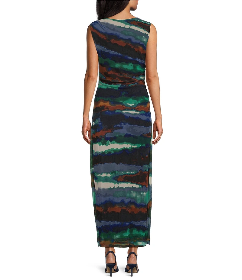 Leslie Fay Cabo Mesh Abstract Print Round Neck Sleeveless Midi Dress