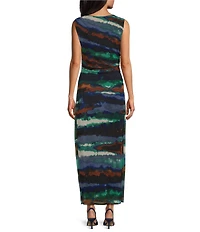 Leslie Fay Cabo Mesh Abstract Print Round Neck Sleeveless Midi Dress