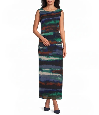 Leslie Fay Cabo Mesh Abstract Print Round Neck Sleeveless Midi Dress