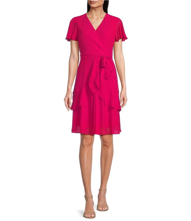 Leslie Fay Chiffon Crepe V Neck Flutter Sleeve Tie Sash A-Line Dress
