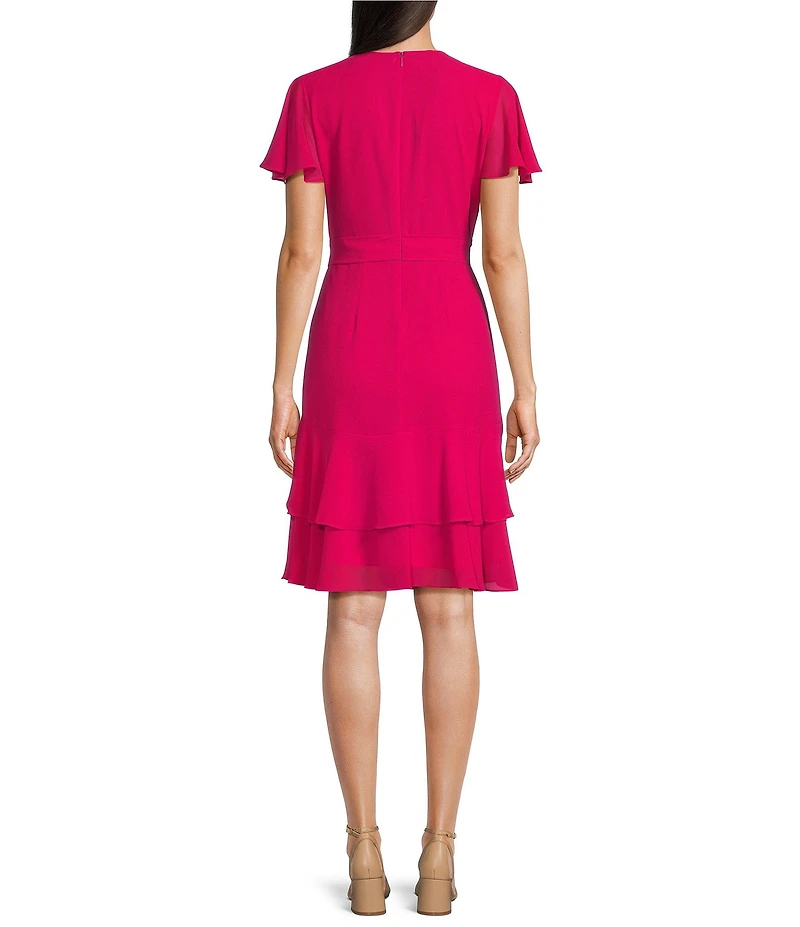 Leslie Fay Chiffon Crepe V Neck Flutter Sleeve Tie Sash A-Line Dress