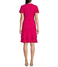 Leslie Fay Chiffon Crepe V Neck Flutter Sleeve Tie Sash A-Line Dress