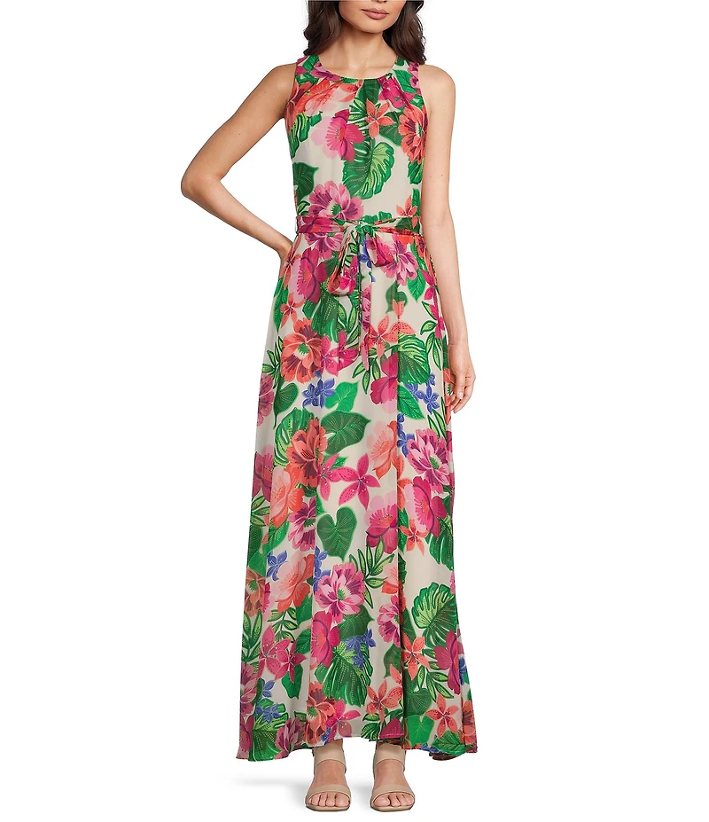 Leslie Fay Chiffon Crew Neck Sleeveless Tie Sash Floral A-Line Maxi Dress