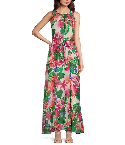 Leslie Fay Chiffon Crew Neck Sleeveless Tie Sash Floral A-Line Maxi Dress