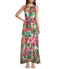 Leslie Fay Chiffon Crew Neck Sleeveless Tie Sash Floral A-Line Maxi Dress