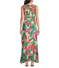 Leslie Fay Chiffon Crew Neck Sleeveless Tie Sash Floral A-Line Maxi Dress