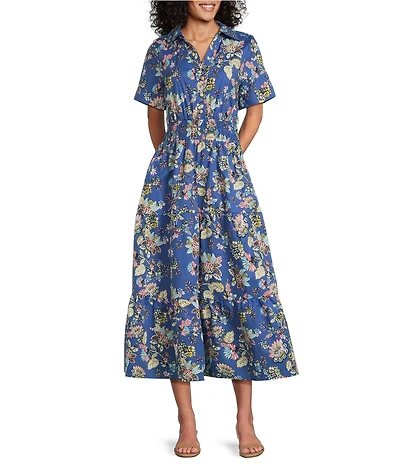 Leslie Fay Cotton Floral Print Collared Midi Dress
