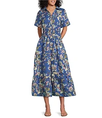 Leslie Fay Cotton Floral Print Collared Midi Dress
