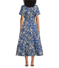 Leslie Fay Cotton Floral Print Collared Midi Dress