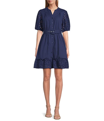 Leslie Fay Cotton Poplin Fit and Flare Eyelet Dress