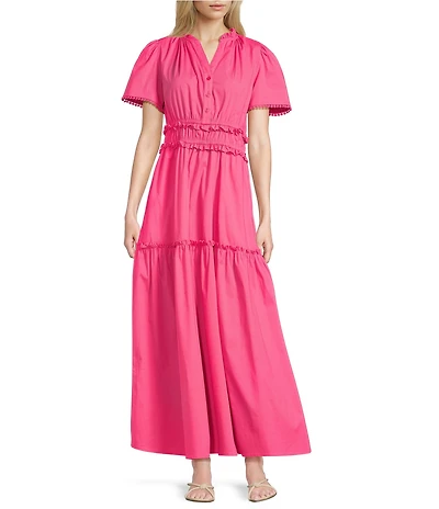 Leslie Fay Cotton Poplin Ruffled Elastic Waist Maxi Dress