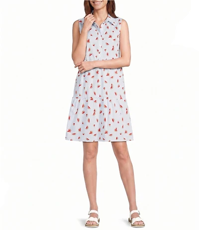Leslie Fay Cotton Poplin Sleeveless Tiered Fit And Flare Shirtdress
