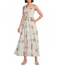 Leslie Fay Cotton Sleeveless Square Neck Floral Print Belted Midi Dress