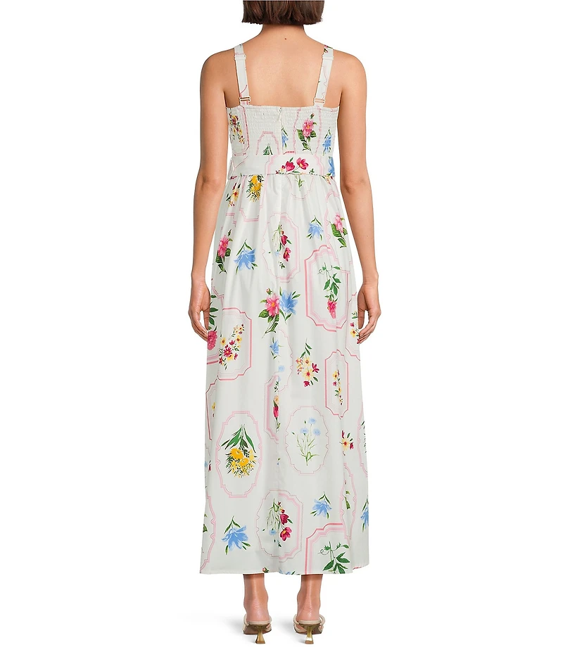 Leslie Fay Cotton Sleeveless Square Neck Floral Print Belted Midi Dress