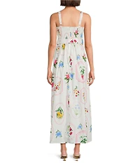 Leslie Fay Cotton Sleeveless Square Neck Floral Print Belted Midi Dress