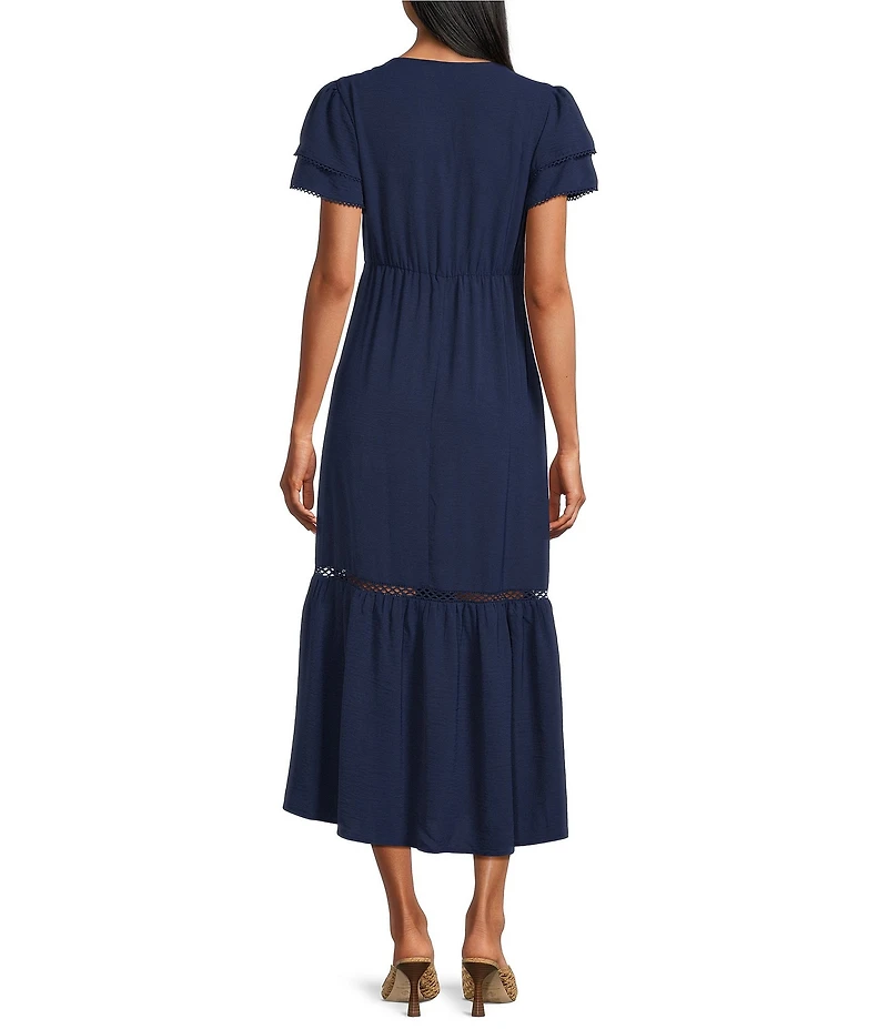 Leslie Fay Double Ruffle Sleeve Lace Trim Maxi Dress