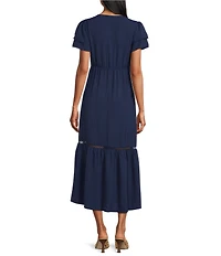 Leslie Fay Double Ruffle Sleeve Lace Trim Maxi Dress
