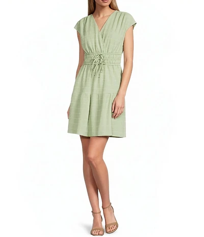 Leslie Fay Drop Shoulder V-Neck Fit and Flare Mini Dress