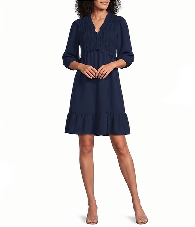 Leslie Fay Elastic Smock Bodice Ruffle V-Neck Long Sleeve Dress