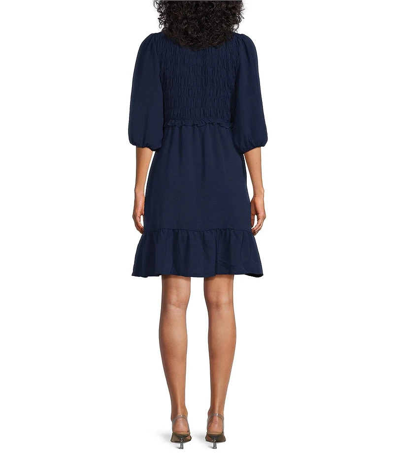 Leslie Fay Elastic Smock Bodice Ruffle V-Neck Long Sleeve Dress