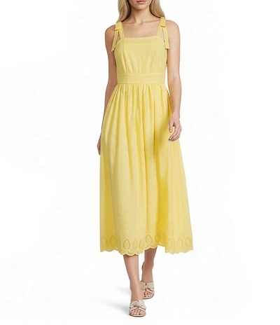 Leslie Fay Embroidered Square Neck Tie Strap Flounce Midi Dress