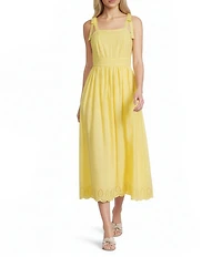 Leslie Fay Embroidered Square Neck Tie Strap Flounce Midi Dress