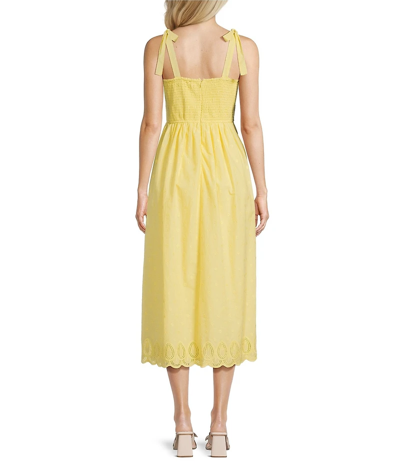 Leslie Fay Embroidered Square Neck Tie Strap Flounce Midi Dress