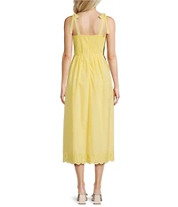 Leslie Fay Embroidered Square Neck Tie Strap Flounce Midi Dress