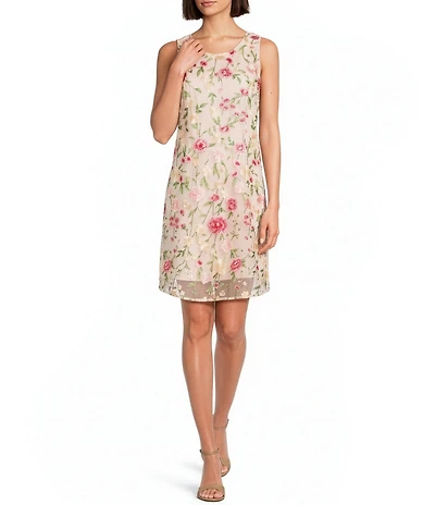 Leslie Fay Floral Embroidered Mesh Round Neck Sleeveless A-Line Dress