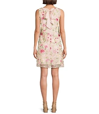 Leslie Fay Floral Embroidered Mesh Round Neck Sleeveless A-Line Dress