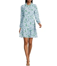 Leslie Fay Floral Paisley Print Airflow Ruffle Neck Long Sleeve Tiered Dress