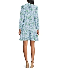 Leslie Fay Floral Paisley Print Airflow Ruffle Neck Long Sleeve Tiered Dress