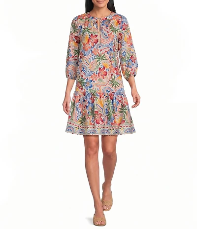 Leslie Fay Floral Print Balloon Sleeve Drop Torso A-Line Dress