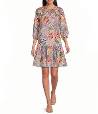 Leslie Fay Floral Print Balloon Sleeve Drop Torso A-Line Dress