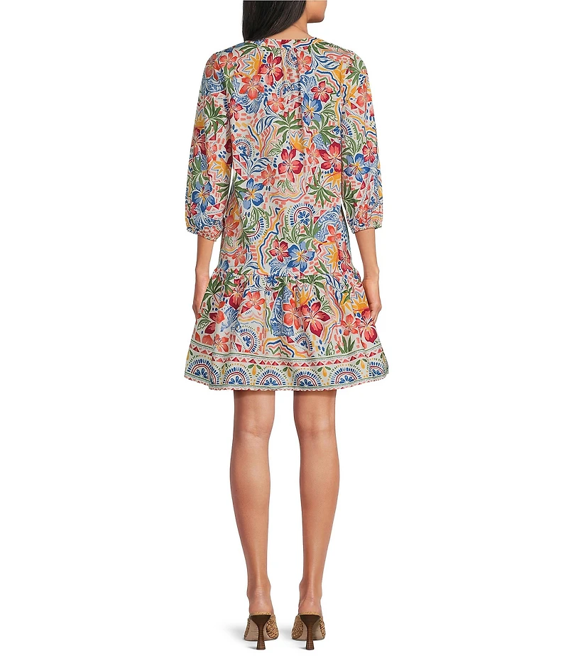 Leslie Fay Floral Print Balloon Sleeve Drop Torso A-Line Dress