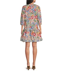 Leslie Fay Floral Print Balloon Sleeve Drop Torso A-Line Dress