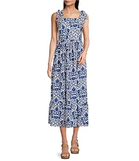 Leslie Fay Floral Print Flounce Hem Square Neck Sleevless Midi Dress