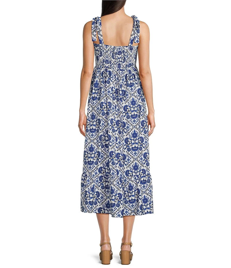 Leslie Fay Floral Print Flounce Hem Square Neck Sleevless Midi Dress