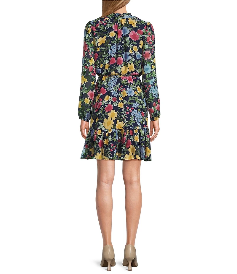 Leslie Fay Floral Print Long Sleeve V-Neck Ruffle Skirt Fit-And-Flare Dress