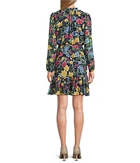 Leslie Fay Floral Print Long Sleeve V-Neck Ruffle Skirt Fit-And-Flare Dress
