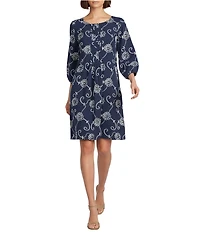 Leslie Fay Floral Print Scoop Neck Bubble 3/4 Sleeve Pleated Front Dress