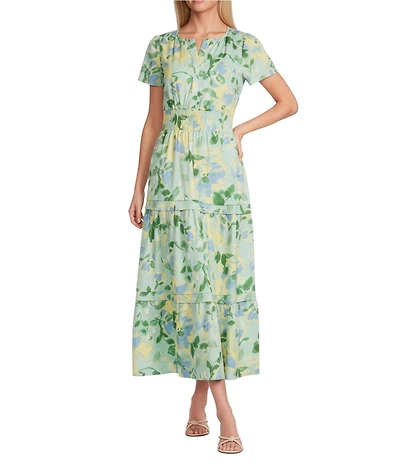Leslie Fay Floral Print Short Sleeve Elastic Waist Tier Skirt Maxi Dress