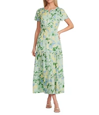 Leslie Fay Floral Print Short Sleeve Elastic Waist Tier Skirt Maxi Dress