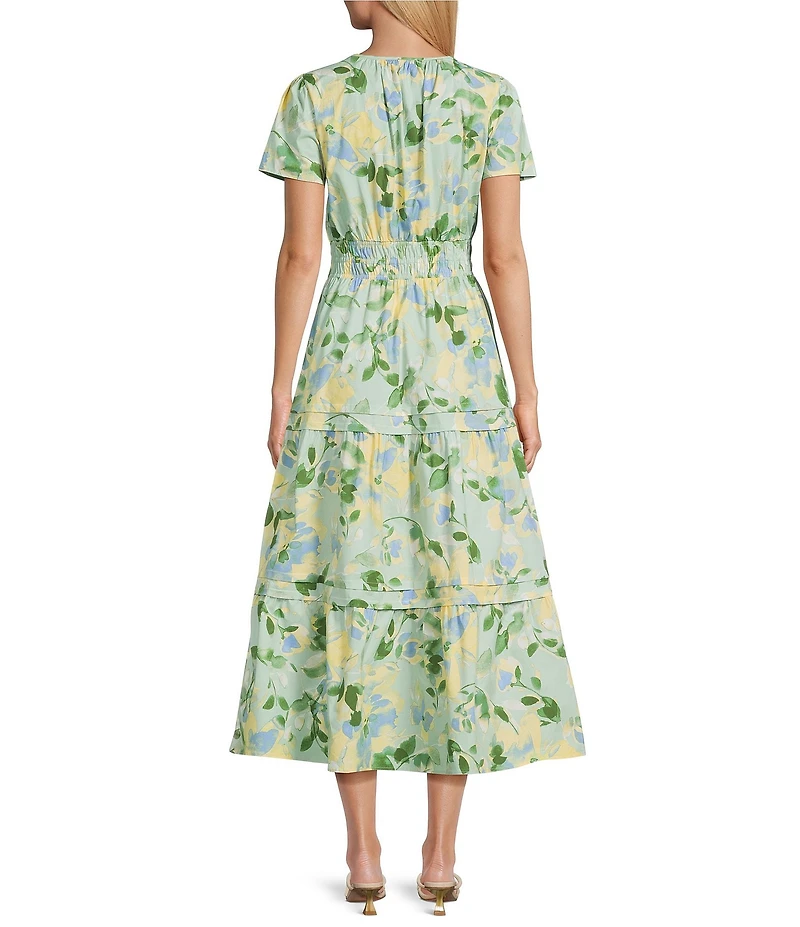 Leslie Fay Floral Print Short Sleeve Elastic Waist Tier Skirt Maxi Dress